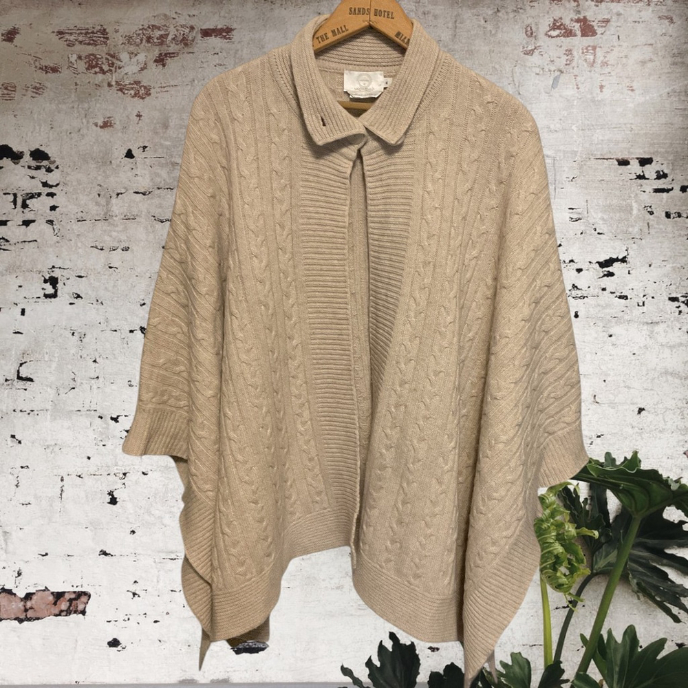 MARINA RINALDI, Beige cashmere/wool blend cableknit wrap Poncho O/S
